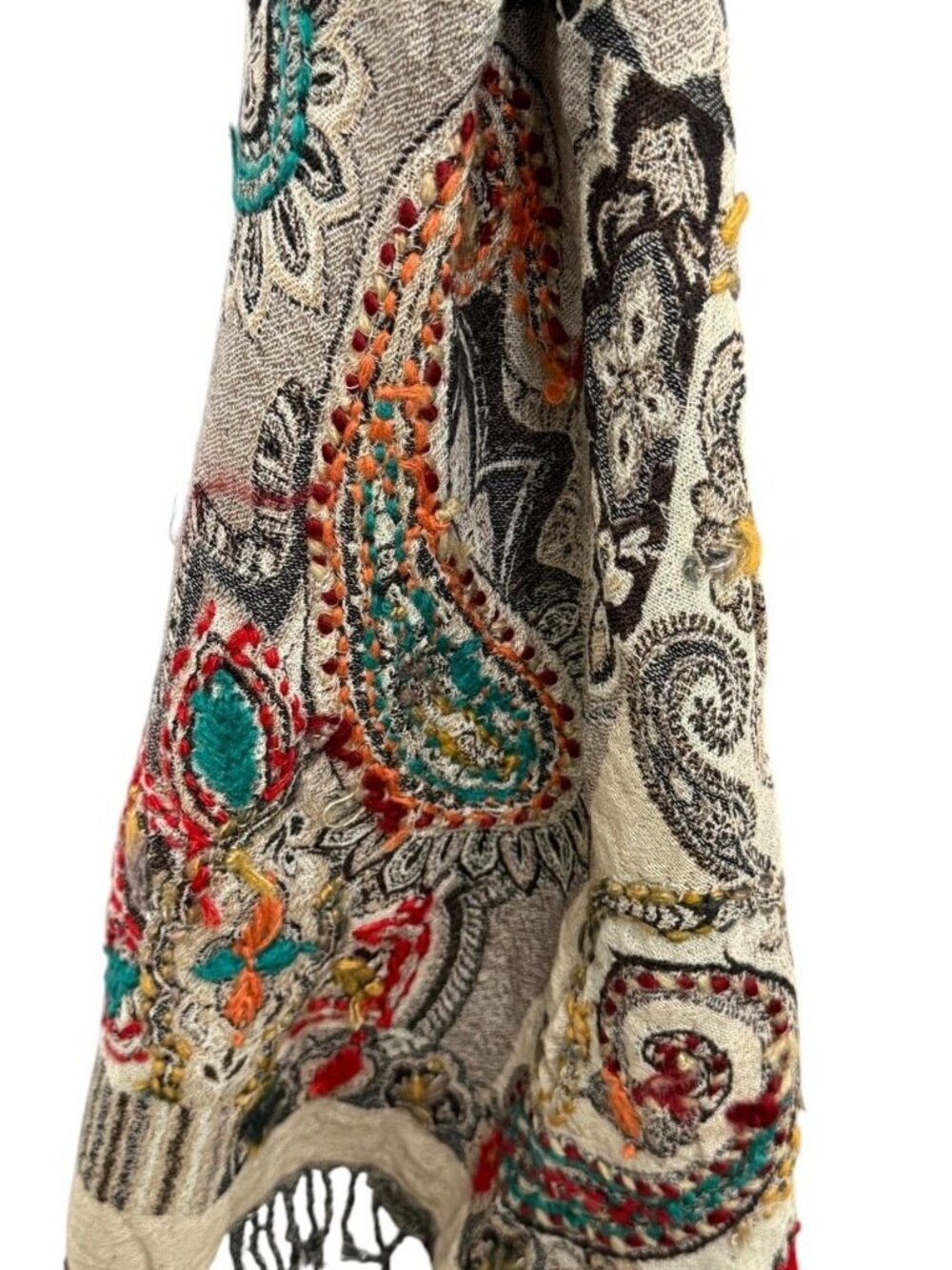 Bul-Bul Handicraft Pure Wool Scarf Embroidered Colorful Yarn Paisley 26"W x 71"L - Picture 9 of 10